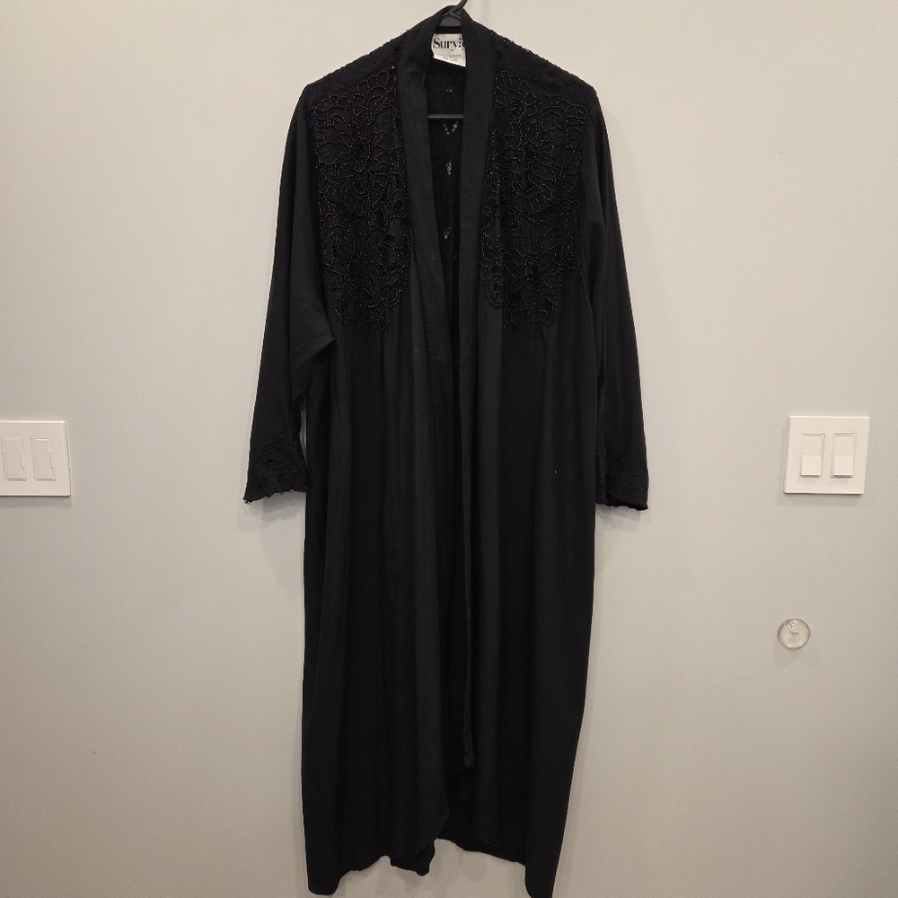 Surya Black Embroidered Beaded Open Front Duster Large
